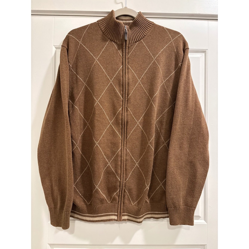 Tasso Elba Mens Brown Argyle Full Zip Cotton Cardigan Sweater Large